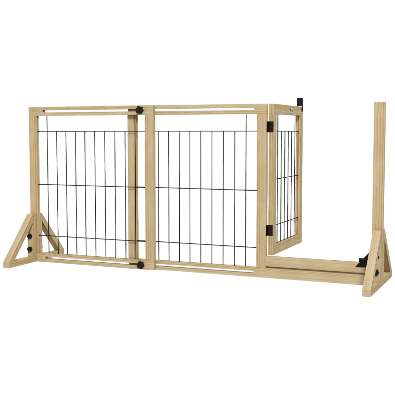 PawHut Verstellbares Hundegitter, Sicherheitsgitter für Haustiere und Welpen mit Tür und 2 Paneelen, Dreieckige Füße, 112-159x70 cm, Naturholz Aosom – Bild 1 von 2