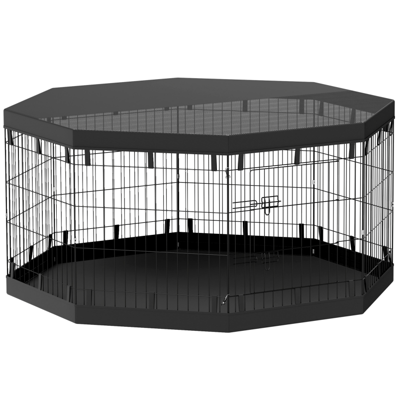 PawHut Welpenauslauf, Welpenlaufstall mit Türen, Fenster, Laufgitter mit Atmungsaktiv Netz, für kleine & mittelgroße Hunde unter 20 kg, Indoor & Outdoor, 159 x 159 x 76 cm, Schwarz Aosom – Bild 1 von 2