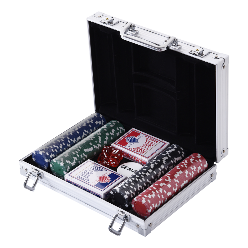 HOMCOM Pokerkoffer mit 200 Pokerchips, 2 Kartenspielen & 5 Würfeln im Alukoffer, 29,5x20,5x6,5 cm, ideal für Spieleabende Aosom.de – Bild 1 von 2