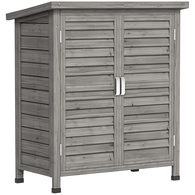 Outsunny Gartenschrank Holz Gerätehaus Geräteschuppen 87 x 46,5 x 96,5 cm mit Pultdach und Lamellentüren in Grau, wetterfest mit Bitumenpappe Aosom.de – Bild 1 von 2
