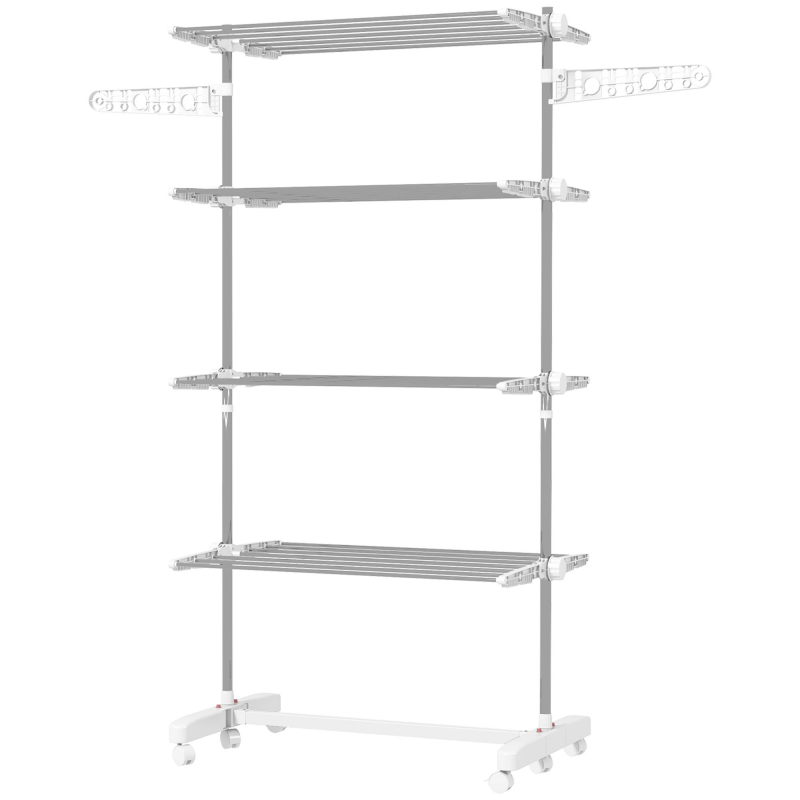 HOMCOM mobiler Wäscheständer, 142 x 55 x 172 cm, klappbar (4 Ebenen) , mit Rollen, Abschließfunktion, Seitenflügel, ABS, Weiß Aosom – Bild 1 von 2