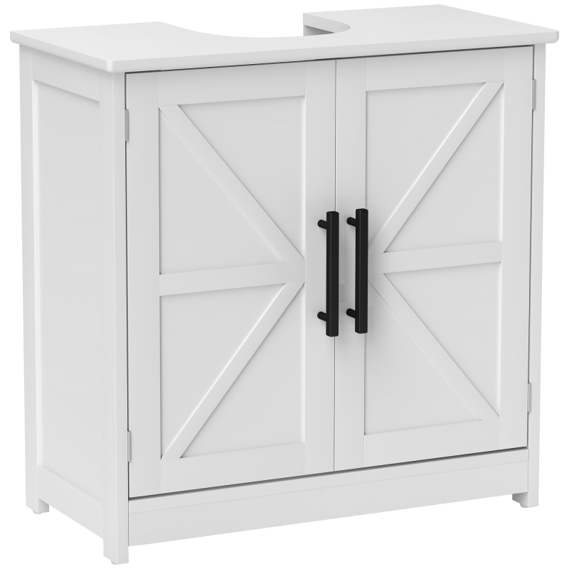 HOMCOM Unterschrank für Waschbecken, Badezimmerschrank mit 2 magnetischen Scheunentüren und verstellbaren Regalen, Badschrank unter Waschbecken, Landhausstil, 60 x 30 x 60 cm, weiß Aosom – Bild 1 von 2