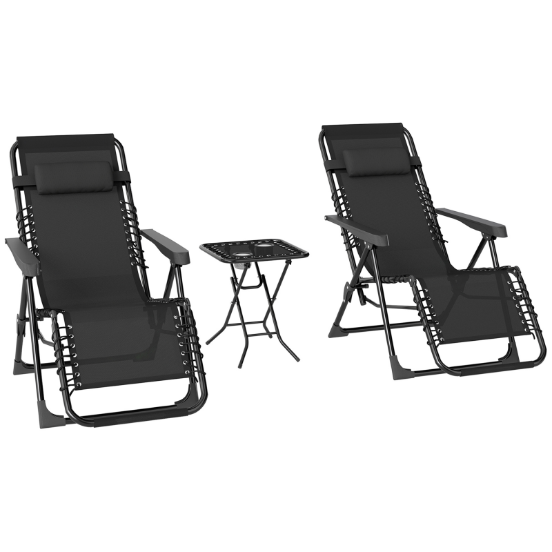 Outsunny Gartenliege Set 3-TLG. Klappbar Sonnenliege mit Teetisch 2 Stühle Kopfkissen, Outdoor Liege wetterfest Relaxliege Liegestuhl aus Metall Strandliege für Garten, Terrasse 90x56x110 cm Schwarz Aosom – Bild 1 von 2