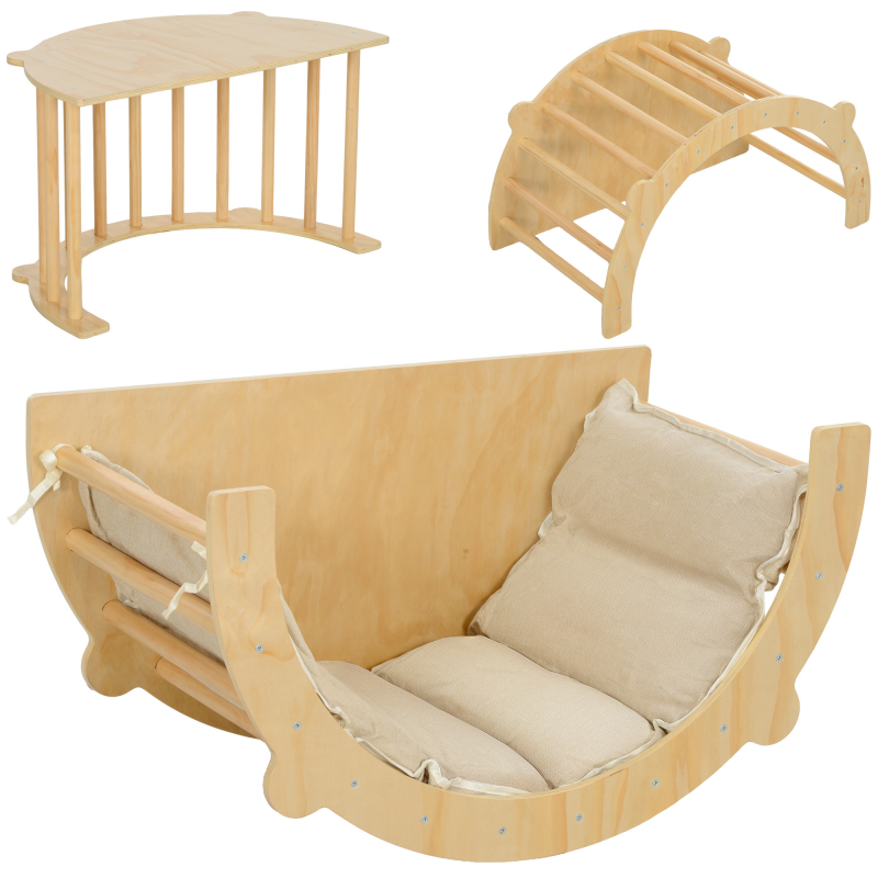 AIYAPLAY 3 in 1 Klettergerüst Set mit Tischplatte Kissen, Kletterbogen zum Schaukeln und Klettern, Kletterspielzeug aus Holz, für Kinder 1,5-4 Jahre, Indoor, Naturholz Aosom – Bild 1 von 2
