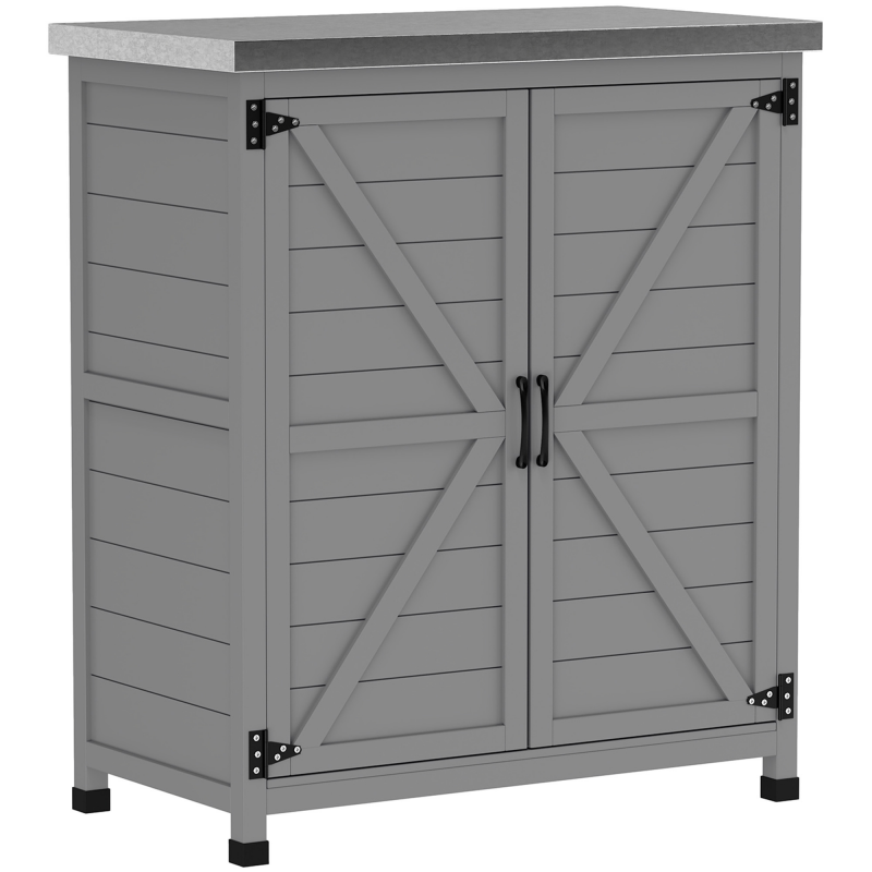 Outsunny Gartenschrank Holz Outdoor wetterfest Geräteschuppen mit Arbeitsplatte, Doppeltür, Einlegeboden, Geräteschrank Aufbewahrungsschrank Mehrzweckschrank für Garten, Terrrasse 79 x 43 x 92 cm Grau Aosom – Bild 1 von 2