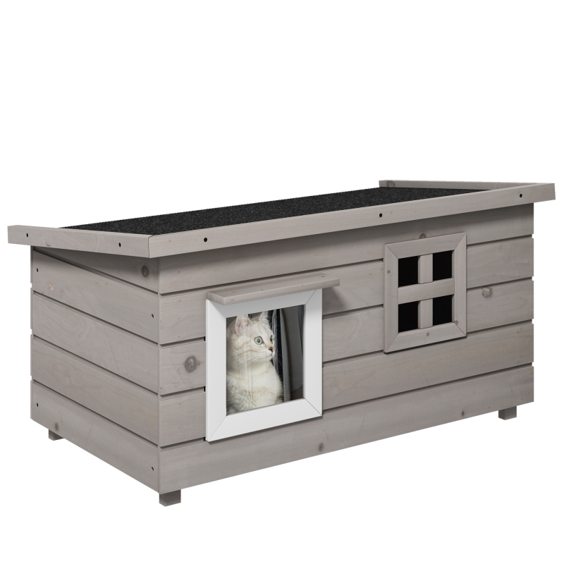 PawHut Katzenhaus Katzenhütte mit Asphaltdach 87x52x48cm Winterfest für Outdoor Katzenhöhle Tannenholz Grau Schwarz Aosom.de – Bild 1 von 2
