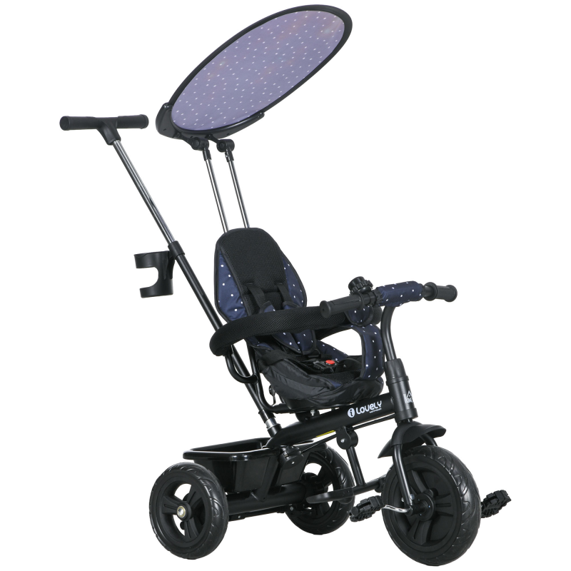 HOMCOM 6-in-1 Dreirad mit Schubstange, Kinderdreirad mit abnehmbarem Sonnendach, Verstellbar Laufrad mit Becherhalter, Korb, für 1-5 Jahre Kinder, Dunkelblau Aosom – Bild 1 von 2