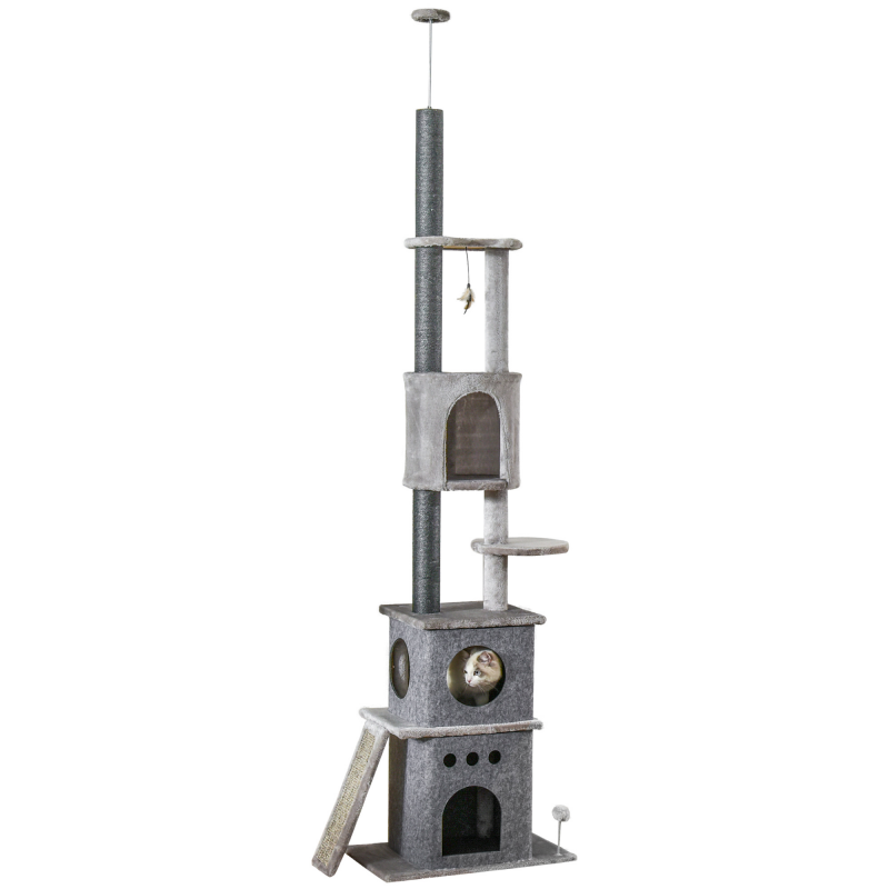 PawHut Kratzbaum Deckenhoch XXL 225-255H cm für kleine Katzen, höhenverstellbar mit Katzenspielzeug und Sisal, hellgrau Aosom.de – Bild 1 von 2