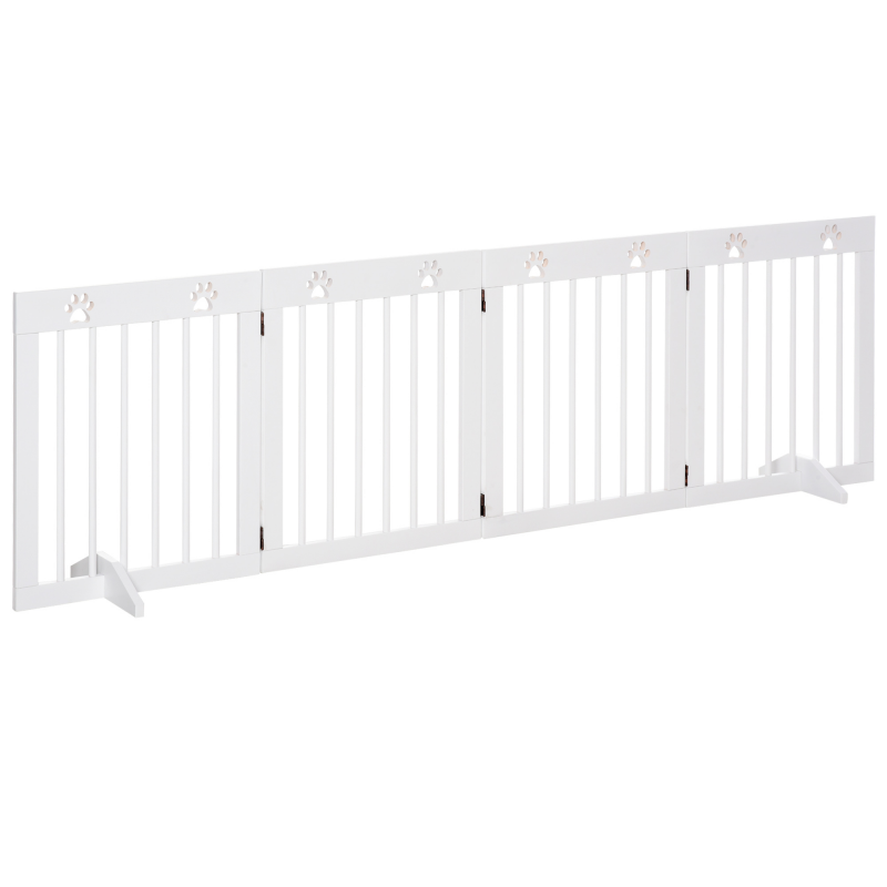 PawHut Absperrgitter Hund 4-teilig, 204 x 61 cm Faltbar Türschutzgitter mit 2 Stützfüßen, Freistehend Hundegitter, Treppengitter aus Holz für Flur, Treppe, Weiß Aosom – Bild 1 von 2