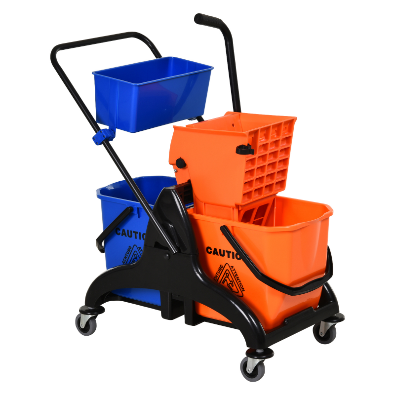 HOMCOM Reinigungswagen Professioneller Reinigungswagen mit Backenpresse 2 Eimer + Aufbewahrung Orange Blau Aosom – Bild 1 von 2