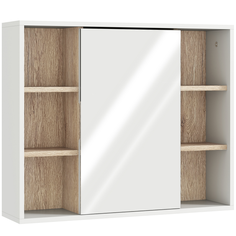 HOMCOM Spiegelschrank Badschrank Hängeschrank Badmöbel Wandschrank Mehrzweckschrank, Spanplatte+MDF, Weiß + Natur 60 x 14,5 x 49,4 cm Aosom – Bild 1 von 2
