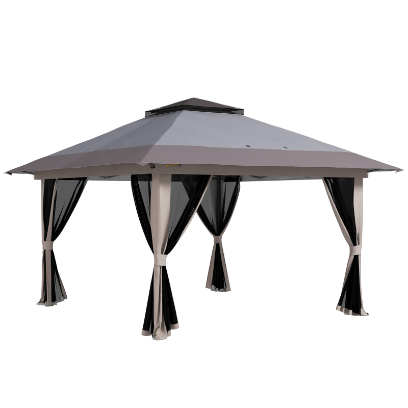 Outsunny Faltpavillon Pop-up 4x4x2,8 m Gartenpavillon mit höhenverstellbaren Seiten, UV-Schutz, wasserdichtem Doppeldach, Moskitonetzen und Tragetasche Hellgrau Aosom – Bild 1 von 2