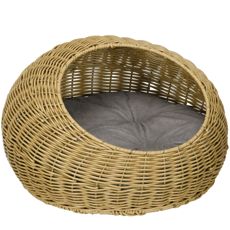 PawHut Rattan Katzenkorb Katzenhaus mit Kissen für Katzen bis 4 kg, Indoor Katzenhöhle aus PE-Rattan, Ø50 x 31 cm, hellbraun für gemütliche Rückzugsorte Aosom.de – Bild 1 von 2