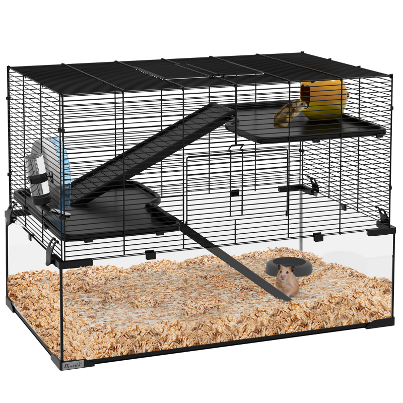 PawHut Hamsterkäfig, Kleintierkäfig, 3 Ebenen mit Laufrad, Rampen, Häuschen, Trinkflasche, Futternapf, 76,5L x 48,5l x 54,5H cm, schwarz Aosom – Bild 1 von 2