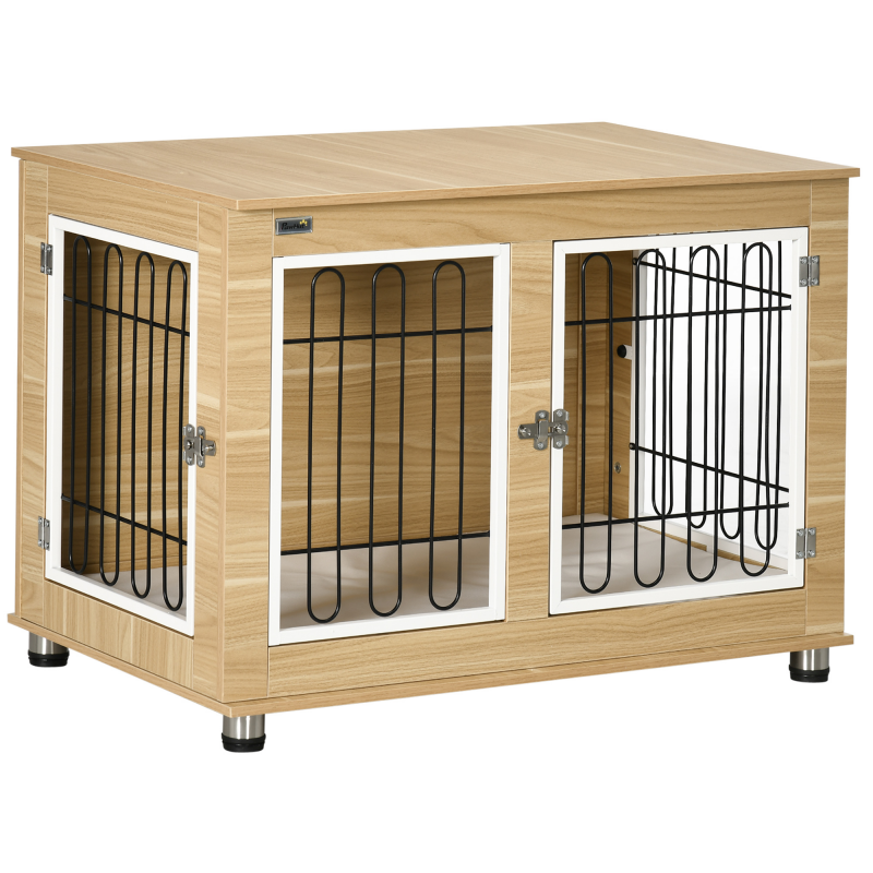 PawHut Hundehütte mit Tischplatte, Hundebox und Hundehaus, Doppeltüren, mit Kissen, Eiche, ideal für drinnen & draußen Aosom.de – Bild 1 von 2