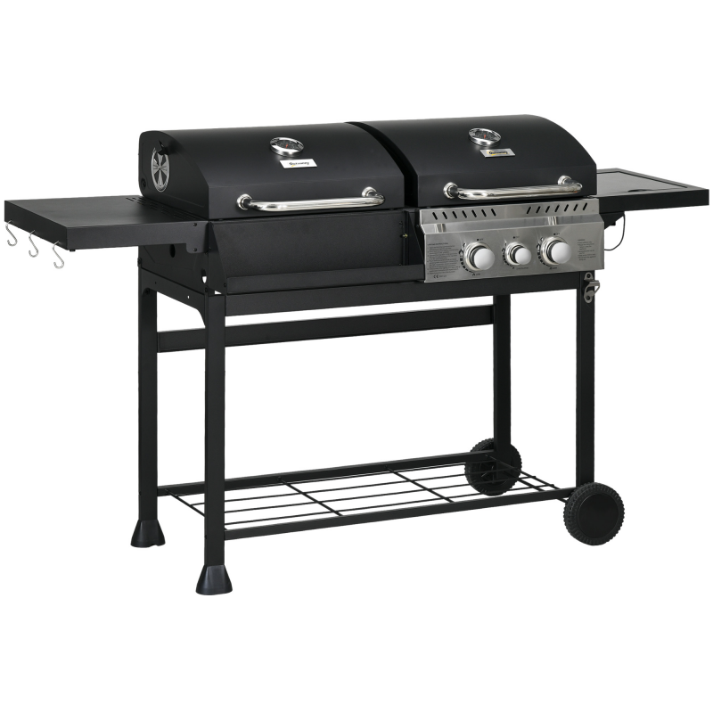 Outsunny Grillwagen Gasgrill mit 2+1 Brenner, Thermometer, 3kW BBQ Holzkohlgrill mit Regal, Seitenablage, Haken, Campinggrill mit Schlauch für Garten, Balkon, Schwarz Aosom – Bild 1 von 2