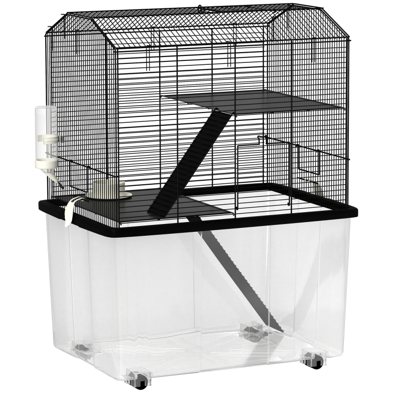 PawHut Hamsterkäfig, Nagetierkäfig, 3-stöckig, mit Rollen, 2 Plattformen und 2 Leitern, aus Stahldraht, 57 x 43 x 74 cm, schwarz Aosom – Bild 1 von 2