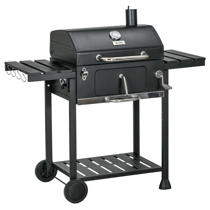 Outsunny Holzkohlegrill Campinggrill mit zwei Grillrosten, klappbaren Seitenablagen, Grillwagen mit Regal und Griff, Edelstahl Schwarz Aosom.de – Bild 1 von 2
