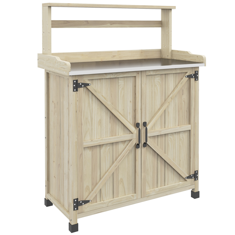 Outsunny Umsetztisch Gartentisch im rustikalen Stil mit Schrank und Ablagen, verzinkte Arbeitsplatte, rutschfeste Füße, vorgeöltes Fichtenholz, Maße 90,5L x 41l x 124,5H cm, Holzoptik natur Aosom – Bild 1 von 2