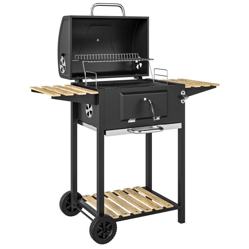 Outsunny Holzkohlegrill aus Edelstahl fahrbar Grillwagen mit Deckel Thermometer Grillrost Räder Griff verstellbar Kohlewanne, Kohlegrillwagen mit Holzablage BBQ Smoker für Camping Garten 112x58x107cm Aosom – Bild 1 von 2