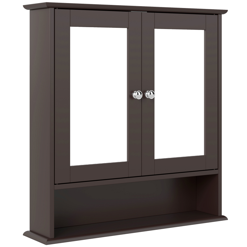 kleankin Badezimmerschrank mit Spiegel, Wandschrank mit 2 Türen, Offenes Fach, Verstellbares Fach, Hängender Badezimmerschrank für Küche, Salón, 56x13x58cm, Marrón Oscuro Aosom – Bild 1 von 2