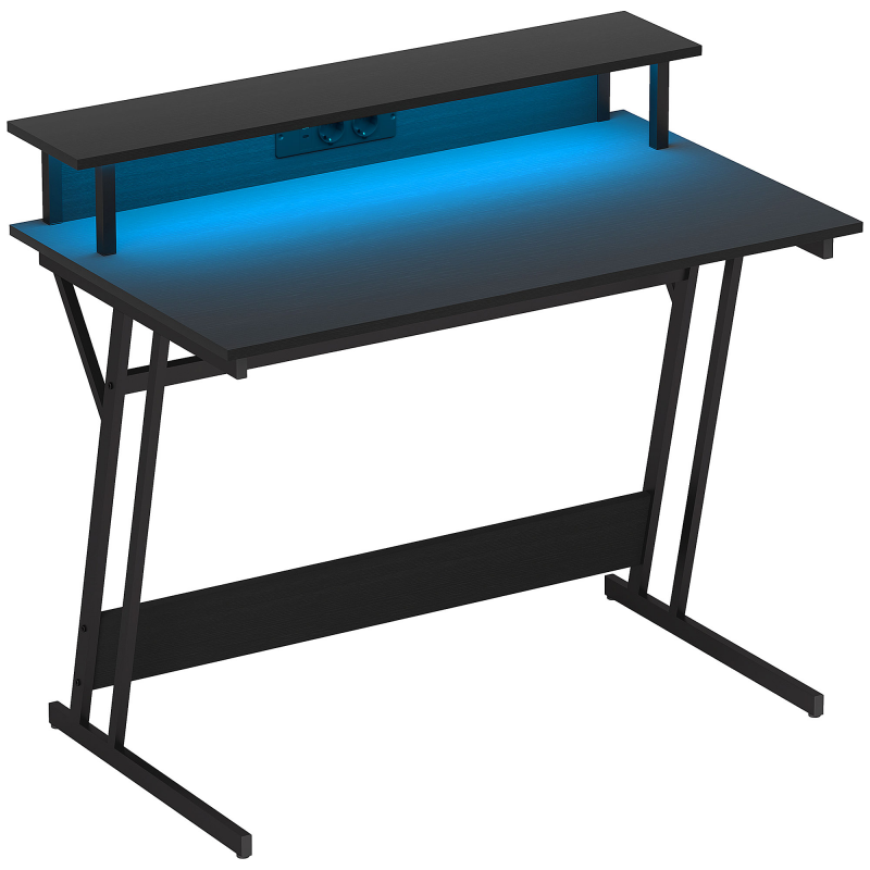 HOMCOM Gaming-Tisch mit LED-Beleuchtung, 100x60 cm, Gaming-Schreibtisch, Tisch mit Steckdosen, Monitorhalterung, Ablagen und Fernbedienung, für Büro, Arbeitszimmer, Schwarz Aosom – Bild 1 von 2