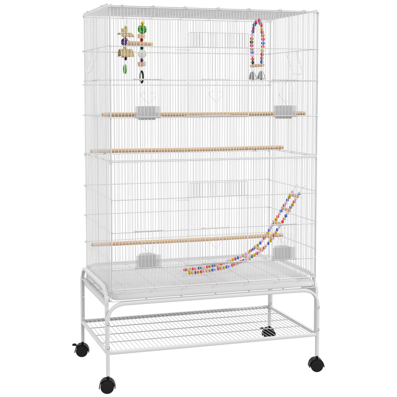 PawHut Vogelkäfig auf Rollen mit 4 Futterschalen und 3 Sitzstangen 79 x 49 x 133 cm Weiß Aosom – Bild 1 von 2