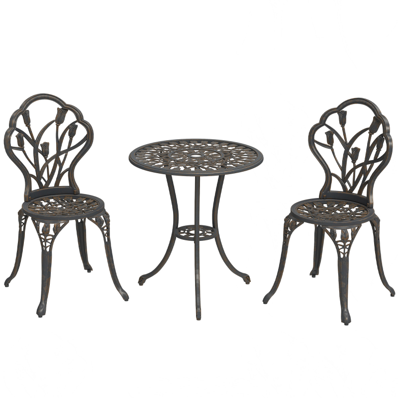 Outsunny 3-teiliger Bistro-Set für den Außenbereich mit 2 Gartenstühlen und rundem Beistelltisch mit Schirmloch, Tisch- und Stuhlset aus Aluminium für Terrasse, Hof, Bronze Aosom – Bild 1 von 2