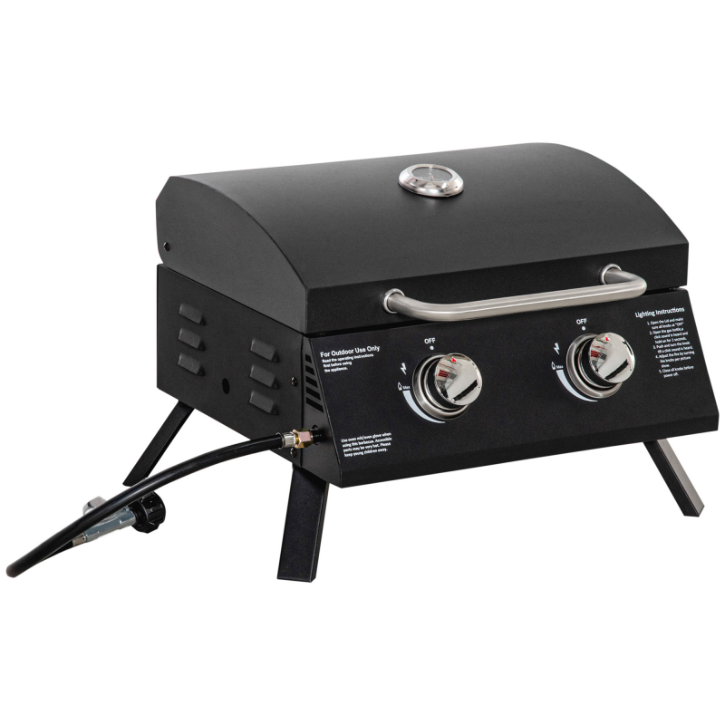 Outsunny Gasgrill BBQ klappbar mit 2 Brennern und Deckel, ablesbarem Thermometer, 55 x 46,5 x 41 cm, Kohlenstoffstahl & Edelstahl, Schwarz Aosom.de – Bild 1 von 2
