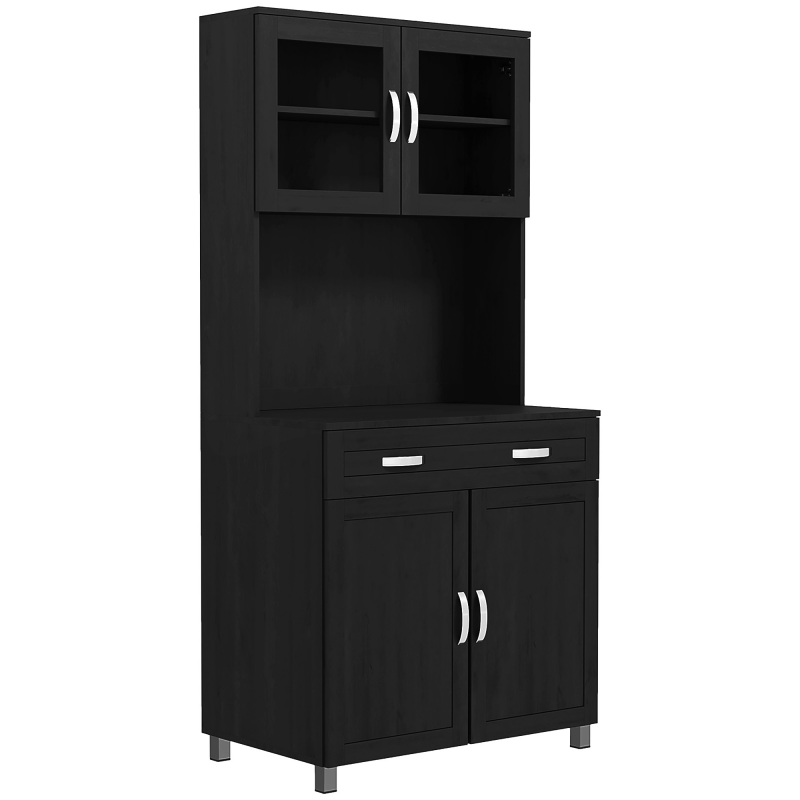 HOMCOM Hoher Küchenschrank, Küchenschrank, Geschirrschrank, 4 Türen davon 2 mit Glas, Schublade, Arbeitsfläche, verstellbare Einlegeböden, Aufbewahrungsmöbel für Wohn- und Esszimmer, 80x48x170cm, schwarz Aosom – Bild 1 von 2