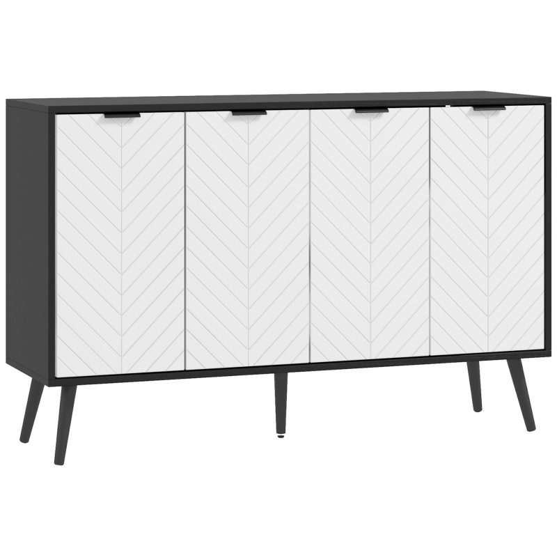 HOMCOM Sideboard mit 4 Türen, Wohnzimmer-Sideboard mit höhenverstellbaren Einlegeböden, Holzfüße, Türen mit Fischgrätmuster, für Küche, Flur, Schlafzimmer, Weiß und Schwarz, 120x35x77,4 cm Aosom – Bild 1 von 2