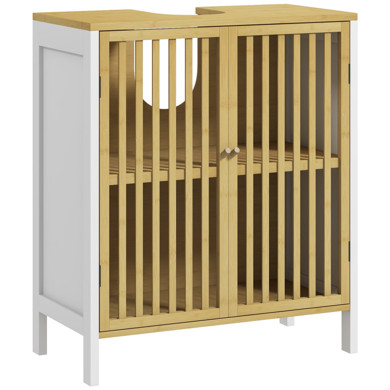 HOMCOM Unterschrank für Waschbecken Badmöbel 2 Türen mit verstellbarem Fach Aufbewahrungsschrank für Waschbecken 60 x 30 x 70 cm Bambus Weiß und Natur Aosom – Bild 1 von 2