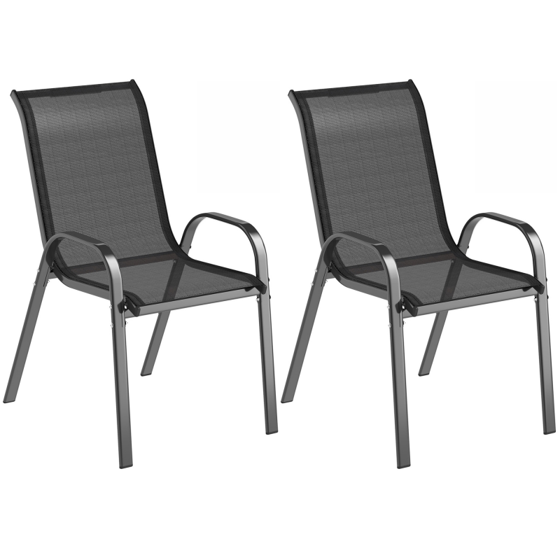 Outsunny 2er-Set Stapelbare Gartenstühle mit Armlehnen, Essstühle für den Außenbereich aus Stahl und Texteline, für Patio, Balkon, Terrasse, Außen- und Innenbereich, 54x71x93 cm, Schwarz Aosom – Bild 1 von 2