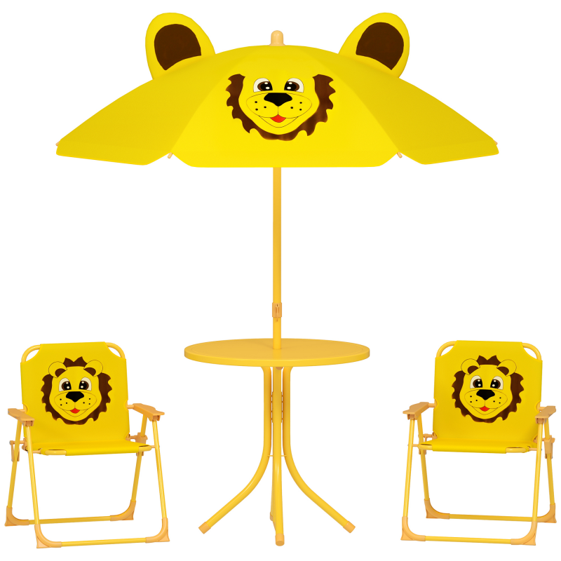 AIYAPLAY 4 tlg. Kindersitzgruppe Garten Kindersitzgarnitur mit höhenverstellbarem Sonnenschirm, Gartentisch, 2 Klappstühle, Löwen-Design für 2-5 Jahre Kinder, Gelb Aosom – Bild 1 von 2