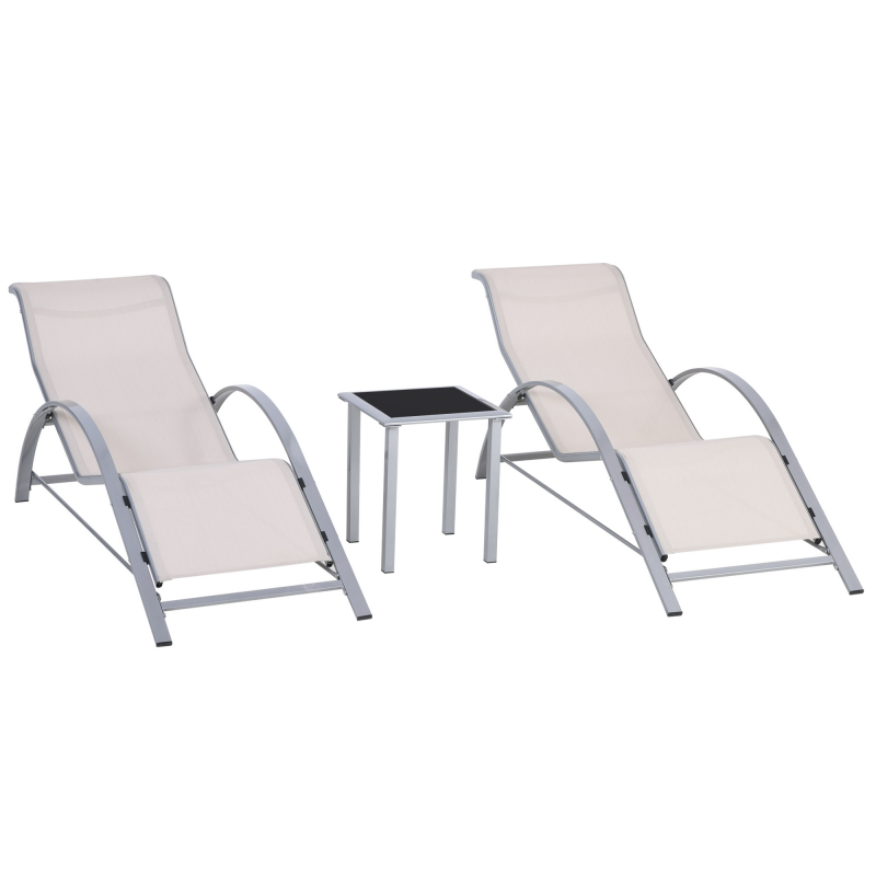 Outsunny Set 2 Gartenliegen und Beistelltisch mit Glasplatte, Sonnenliege mit atmungsaktivem Gewebe, 59x169x66 cm, Creme Aosom – Bild 1 von 2