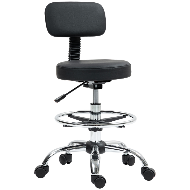 HOMCOM Bürostuhl, Ergonomischer Zeichenstuhl, Höhenverstellbar Computerstuhl mit Fußring, Schreibtischstuhl, Drehstuhl für Wohnzimmer, Büro, Kunstleder, Schwarz Aosom – Bild 1 von 2