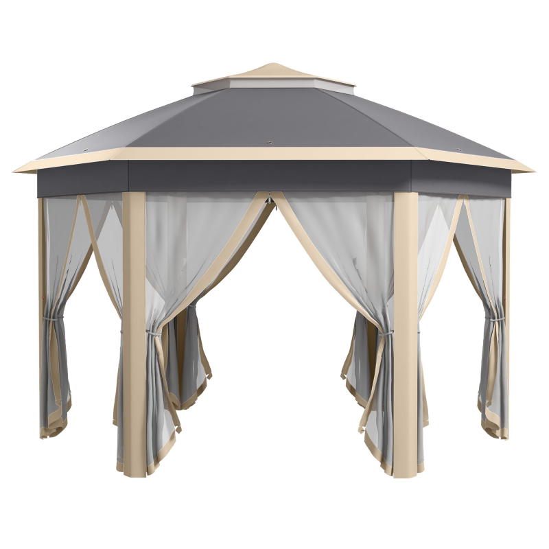 Outsunny Pavillon sechseckig 4x4m mit wasser- und UV-beständiger Abdeckung, Doppeldach, Lüftungsöffnung, Tragetasche, Polyester Beige und Khaki Aosom.de – Bild 1 von 2
