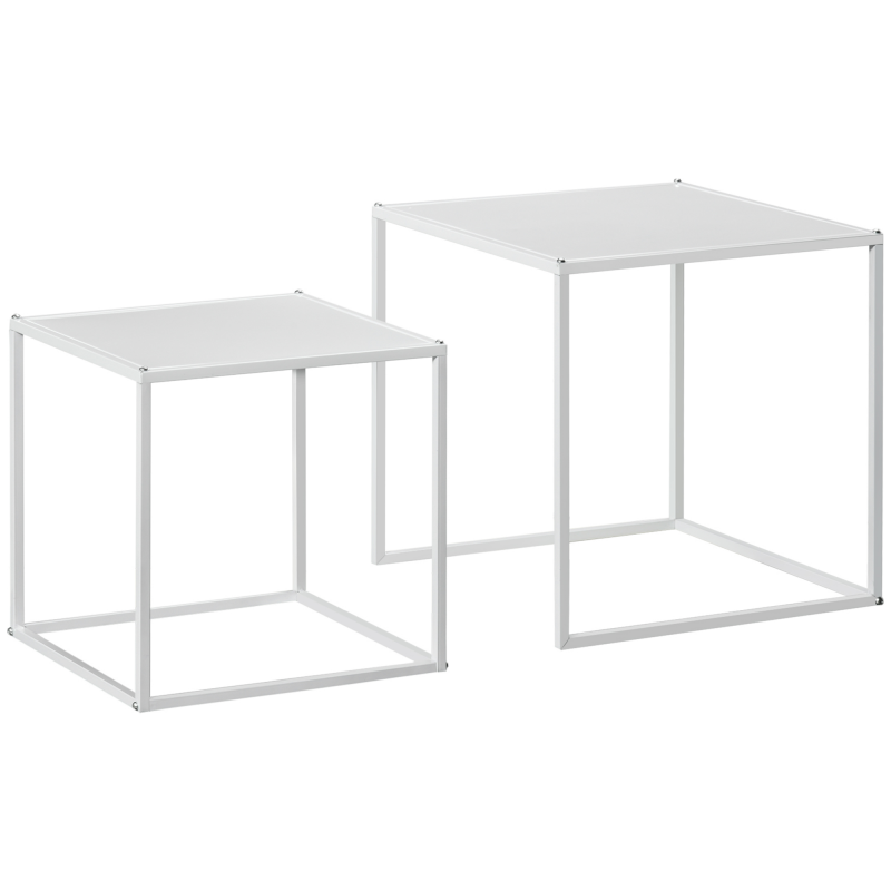 HOMCOM 2er-Set Couchtisch, Eckiger Beistelltisch, Kaffeetisch mit Stahlgestell, Sofatisch im modern Design, für Wohnzimmer, bis 10 kg Belastbar, Weiß Aosom – Bild 1 von 2