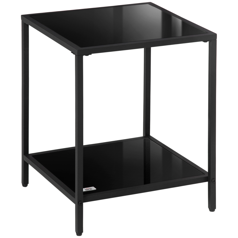 HOMCOM Beistelltisch, Couchtisch mit 2 Ebenen, Kaffeetisch aus Hartglas, für Wohnzimmer, Schlafzimmer, 40 x 40 x 50 cm, Stahl, Schwarz Aosom – Bild 1 von 2