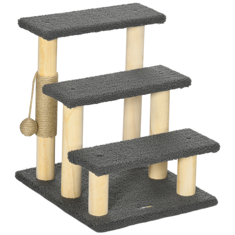 PawHut 3 Stufen Katzentreppe 48H cm Haustiertreppe mit Teddystoff für kleine Katzen grau, ideal für Senioren & kleine Rassen Aosom.de – Bild 1 von 2