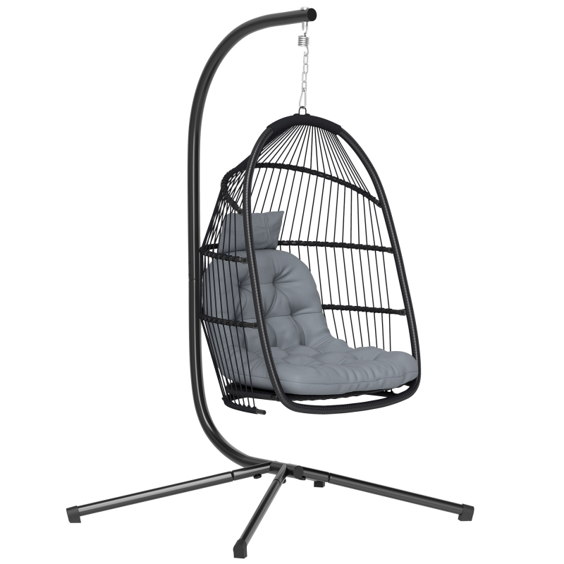 Outsunny Hängesessel Ei mit Gestell, Gartenschaukel außen mit klappbarem Korb, UV-beständiges Kissen und abnehmbarem Nackenkissen für Innen und Außen, Tragfähigkeit 150 kg, Dunkelgrau Aosom – Bild 1 von 2