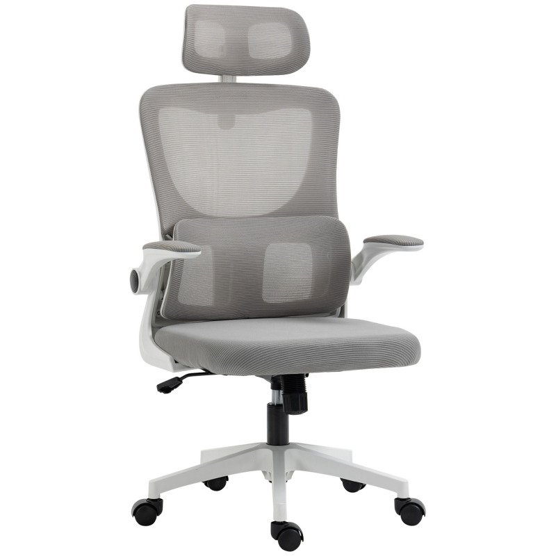 Vinsetto Bürostuhl ergonomisch höhenverstellbar Schreibtischstuhl mit Armlehnen, Kopfkissen, Wippfunktion und Lendenstütze, Mesh Grau für optimalen Komfort Aosom.de – Bild 1 von 2