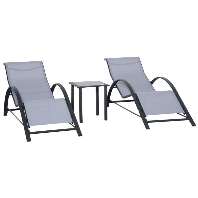 Outsunny Set 2 Gartenliegen und Glastisch, Sonnenliege mit atmungsaktivem Gewebe, 59x169x66 cm, Hellgrau Aosom – Bild 1 von 2
