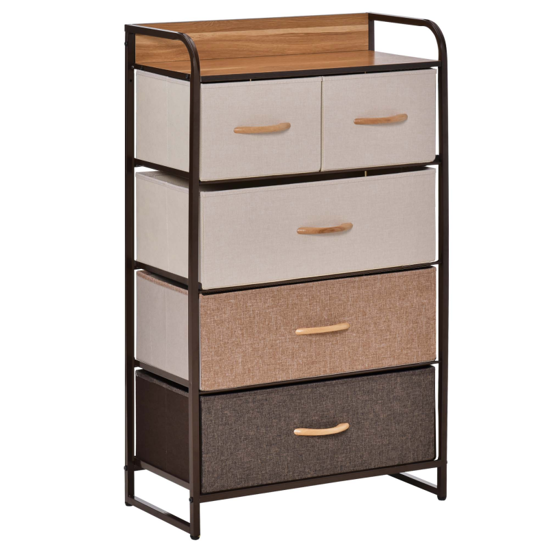 HOMCOM Kommode, Sideboard mit 5 Faltbaren Stoff-Schubladen, Griff, Aufbewahrungsschrank mit Kippschutz für Wohnzimmer, Schlafzimmer, Braun Aosom – Bild 1 von 2