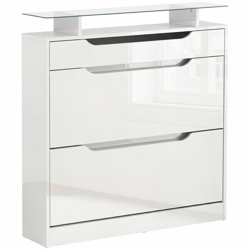 HOMCOM Schuhschrank Schuhregal mit 3 Schubladen und Klapptür, verstellbares Regal für 14 Paar, Hochglanz Weiß 89 x 23 x 96 cm, großer Stauraum Aosom.de – Bild 1 von 2
