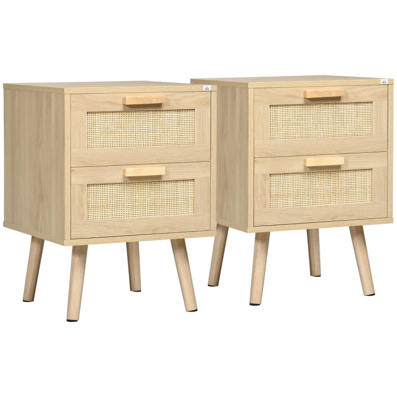 HOMCOM 2er Set Nachttisch, Nachtschrank mit Schublade, Nachtkommode mit Griff, Rattanoptik, Beistelltisch für Schlafzimmer, Wohnzimmer, Natur, 40 x 40 x 56 cm Aosom – Bild 1 von 2