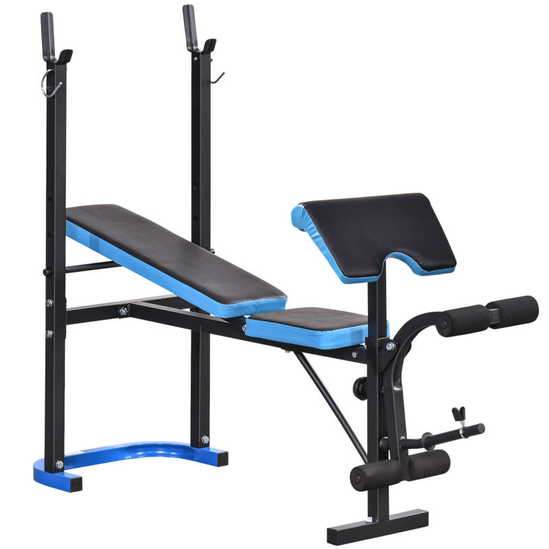 HOMCOM Multifunktionale Trainingsbank mit Langhantelstütze und verstellbarer Rückenlehne, verstellbare Hantelbank mit Beinstrecker, Gewichthalter, Heimtraining, Schwarz und Blau Aosom – Bild 1 von 2