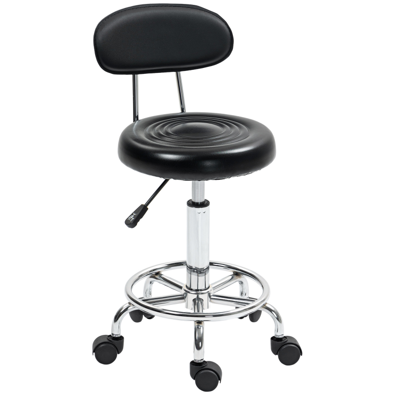 HOMCOM Rollhocker höhenverstellbar Drehhocker Drehbar Salon Hocker mit Lehne, Rädern, Arbeitshocker mit Verstellbarer Fußstütze für Büro, Kunstleder, 32 x 40 x 70-86 cm, Schwarz Aosom – Bild 1 von 2