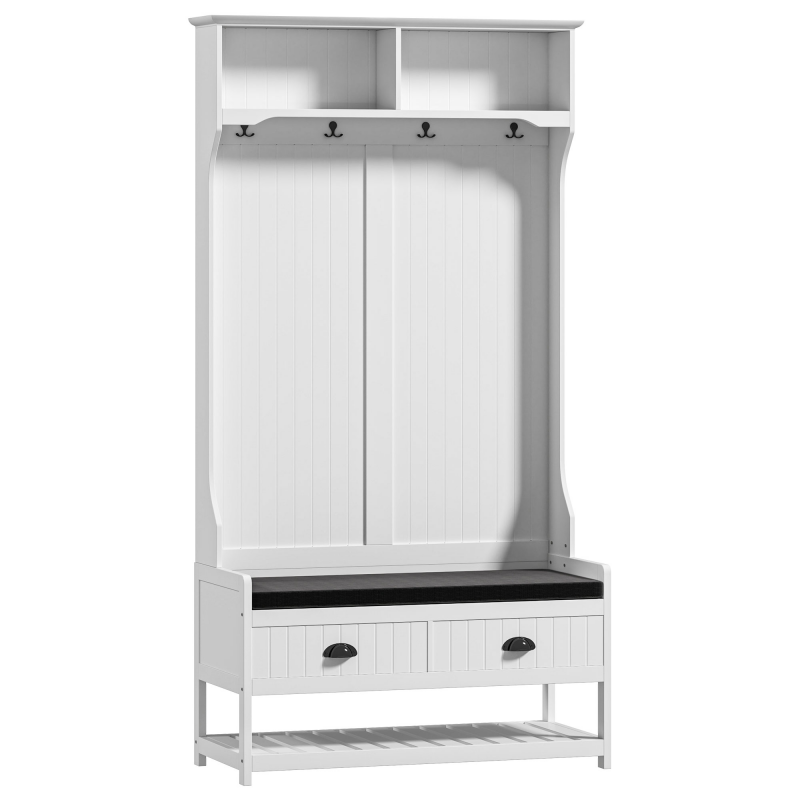 HOMCOM 2-in-1 Garderobenständer, Kleiderständer mit 4 Haken, Garderobe mit Schuhbank und Ablagen, Jackenständer mit Kippschutz, für Eingangsbereich, Flur, Schlafzimmer, Weiß+Grau Aosom – Bild 1 von 2