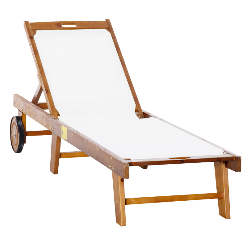 Outsunny Sonnenliege Relaxliege Gartenliege verstellbar aus Akazienholz und Textil, Natur und Weiß, 198x60x55-88 cm für Garten und Terrasse Aosom.de – Bild 1 von 2